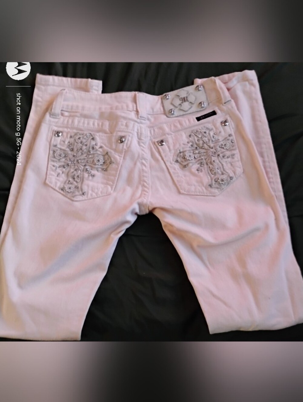 Miss Me Pale Pink Skinny Jeans with Jeweled Accents - Picture 2 of 7